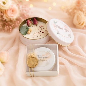 Custom Wedding Rosebud Soy Candle Favors • Scented, Floral Tin, Personalized Label