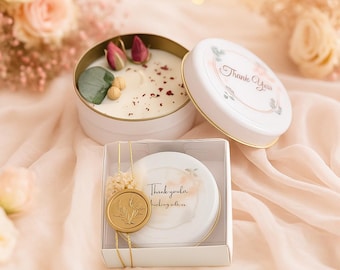 Custom Wedding Rosebud Soy Candle Favors • Scented, Floral Tin, Personalized Label