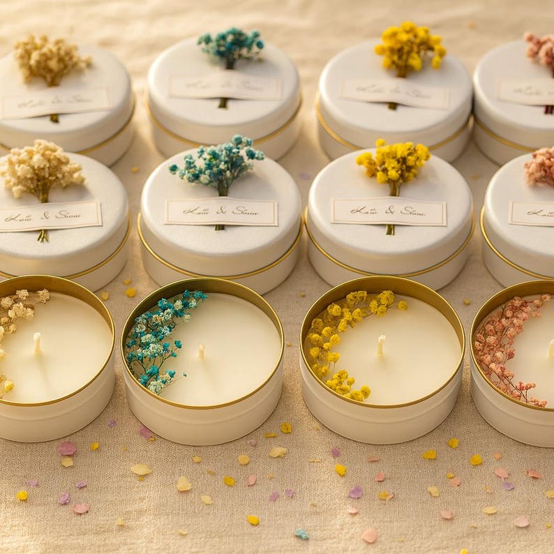 Personalized Scented Soy Wax Candle Favors With Dried Flowers - Etsy