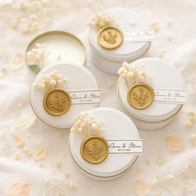 Luxury Wedding Candle Favor With Gold Seal • Personalized Guest Favors ...