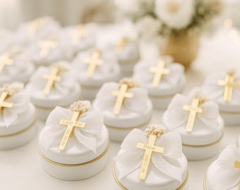 Christening Present Candle Favours Set - Baptism, Funeral, Church Keepsake Favors with Gold Cross