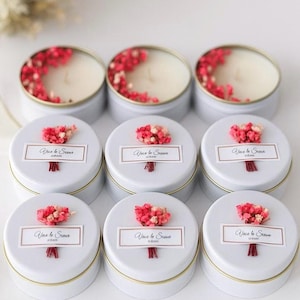 Personalized Flower Tin Candle Favors Set – Dried Floral Soy Wax Candles – Wedding Favors, Bridal Shower, Baby Shower, Thank You Gifts