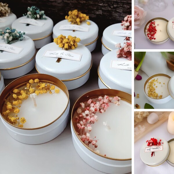 Set regalo con candele floreali per bomboniere per gli ospiti • Cera di soia naturale profumata personalizzata • Senza paraffina e piombo • Compleanno per baby shower nuziale