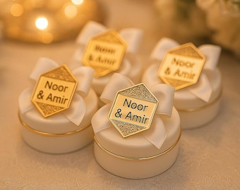 Candles Favors for Nikah • Islamic Wedding Gifts for Guests  • Gold Mirror Acrylic Name Tag