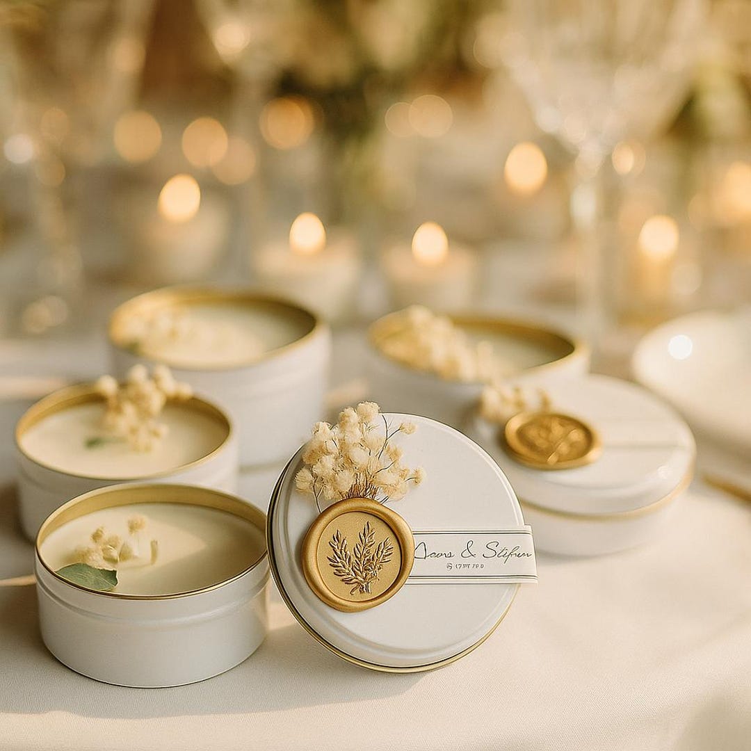 Luxury Wedding Candle Favor With Gold Seal • Personalized Guest Favors ...