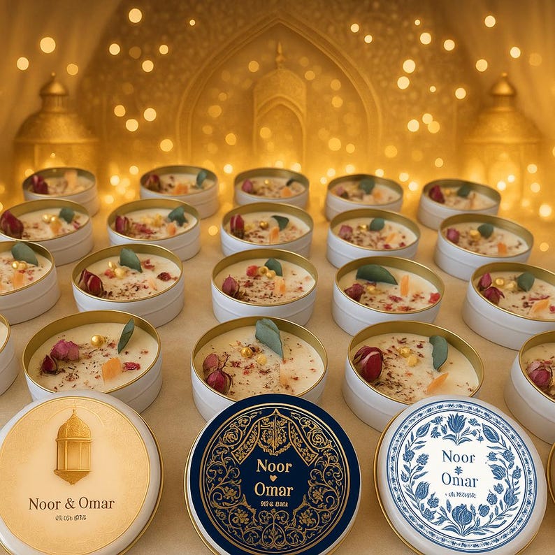 May include: A collection of small, round candles in white tins with gold rims. Each candle is decorated with dried flowers and leaves. The lids feature the text "Noor & Omar" and decorative designs. The background is a warm, golden color.