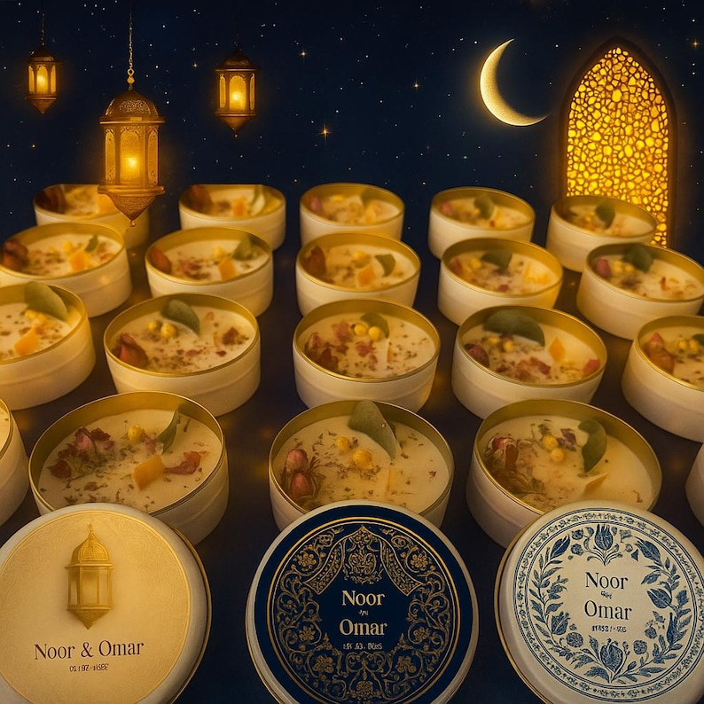 May include: An array of decorative candles in small, round, white and gold tins. Each candle is topped with dried flowers and herbs. The lids of the tins feature the text "Noor & Omar" in gold and blue, with a lantern design.