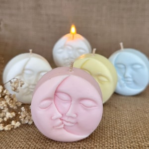 Bomboniere profumate con candele sole e luna in scatole stampate - Mini bouquet personalizzati di fiori secchi per gli ospiti - Sposa, baby shower, battesimo