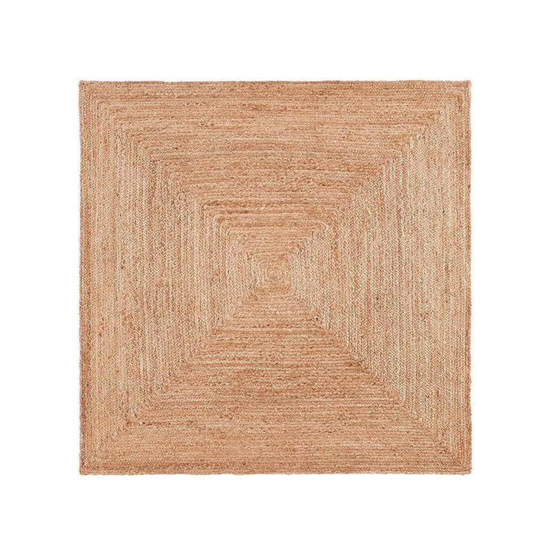May include: A natural fiber rug with a square shape and a woven pattern. The rug has a light brown color and a subtle texture.