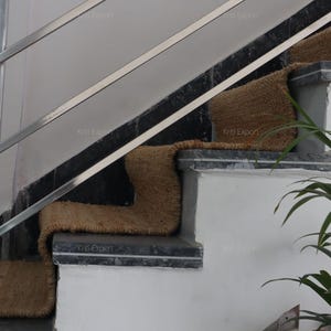 K&ouml;nnte beinhalten: Eine Treppe mit braunen gewebten Stufen. Die Treppe hat eine schwarz-graue Umrandung und ein silbernes Metallgel&auml;nder. Eine gr&uuml;ne Pflanze befindet sich im Vordergrund. Die Worte "Kriti Expert" sind auf den Stufen zu sehen.