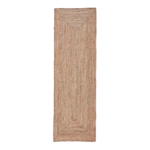 May include: A natural fibre rug with a rectangular shape and a braided design. The rug has a light brown colour and a subtle texture.