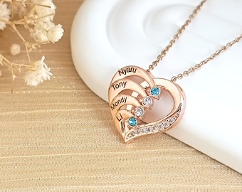 Custom Birthstone Necklace • Family Name Necklace • Heart Necklace • Gift For Her • Christmas Jewelry • Mother Necklace