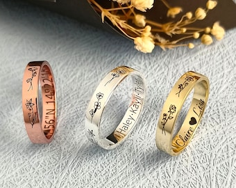 Custom Birth Flower Ring • Family Flower Ring • Name Ring • Minimalist Ring • Gifts for Mom • Gifts for Her