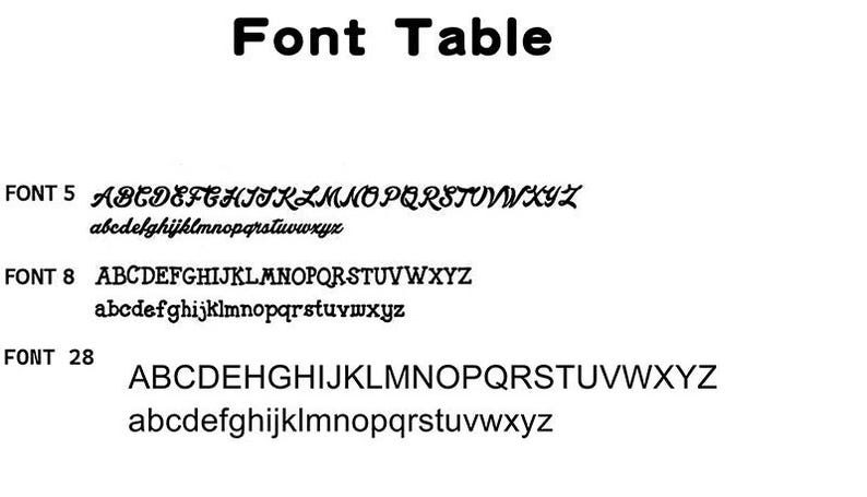 May include: Font table showing different font styles and sizes. The table shows the alphabet in uppercase and lowercase letters for each font. The fonts are labeled as Font 5, Font 8, and Font 28.