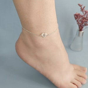 Custom Pet Paw Print Anklet Actual Paw Engraved Anklet Pet Memorial Jewelry Name Anklet Gifts for Her image 1