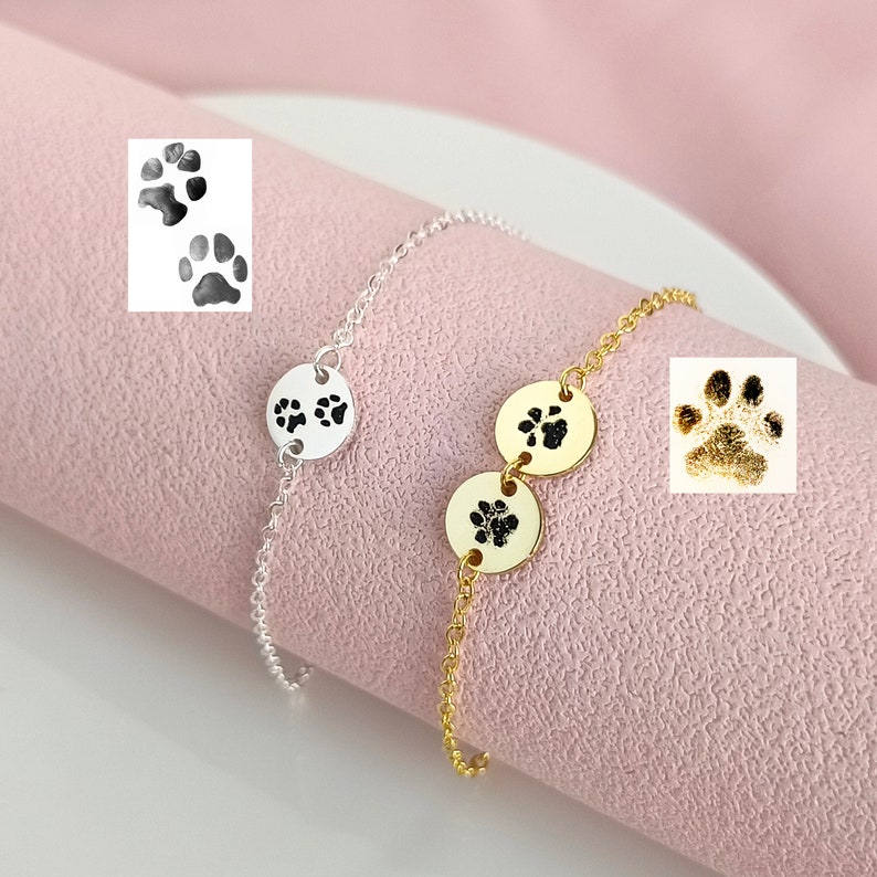Custom Pet Paw Print Bracelets Actual Paw Engraving Bracelets Pet Jewelry Pet Memorial Gifts Gifts for Pet Lovers image 1