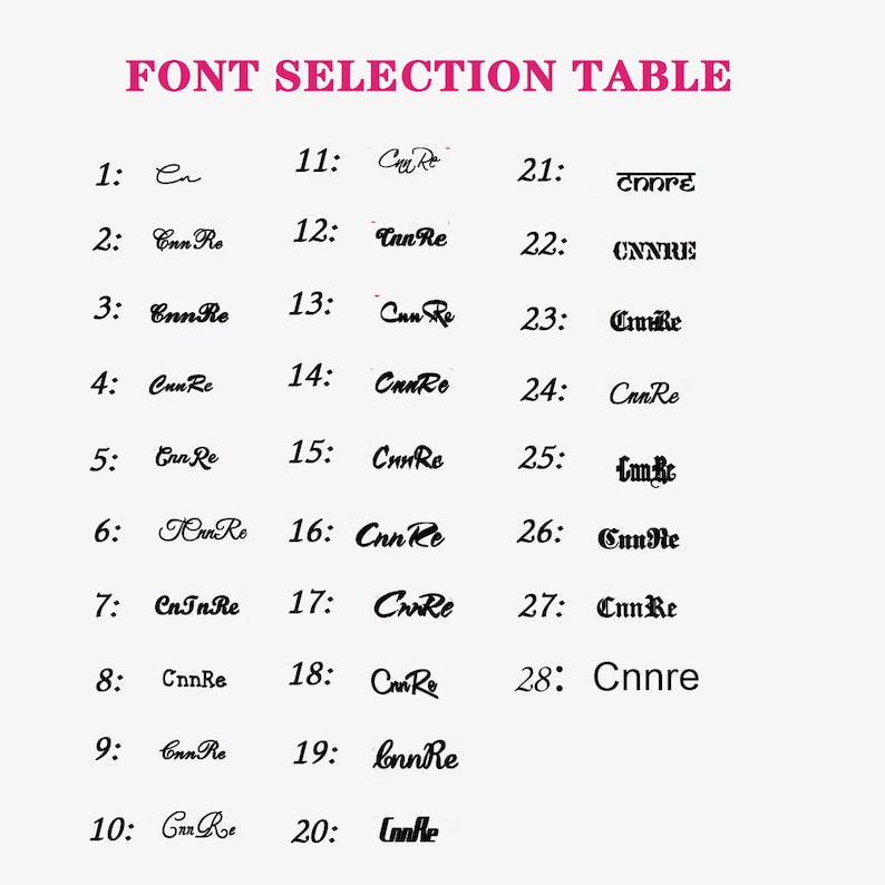 May include: A table showing 28 different font styles, numbered 1 through 28. Each font style is labeled with a number and a word or phrase written in that font style.