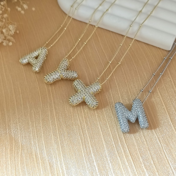 Custom Bubble Letter Necklace • 3D Letter Necklace With Zircon • Personalized Jewelry • Silver Necklace • Minimalist Jewelry • Gift For Her