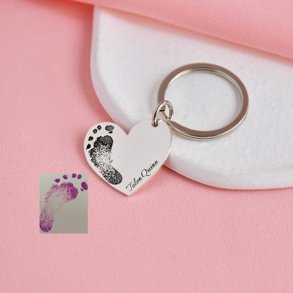 Custom Baby Footprint Keychain Actual Baby Footprint Heart Etsy