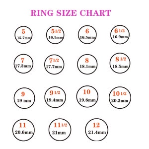 May include: Ring size chart with measurements in millimeters. The chart shows ring sizes from 5 to 12, including half sizes.