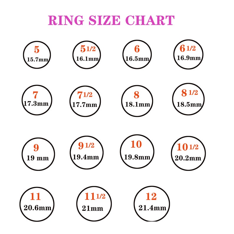 May include: Ring size chart with measurements in millimeters. The chart shows ring sizes from 5 to 12, including half sizes.