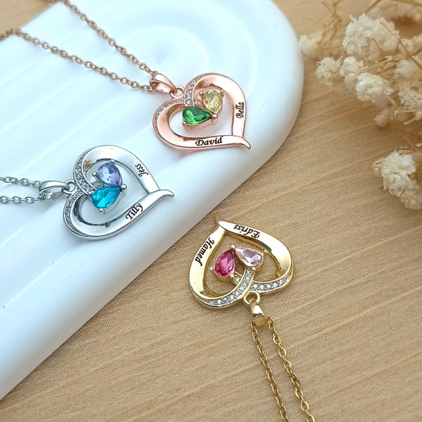 Collier personnalisé avec pierres de naissance • Collier coeur avec pierres de naissance • Collier coeur • Collier prénom personnalisé • Cadeaux pour maman • Cadeaux pour elle