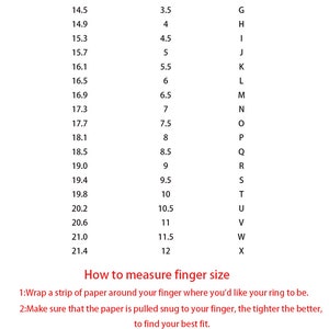 May include: A chart showing ring sizes in millimeters, US/Canada ring sizes, and UK/Australia ring sizes. The chart includes a guide on how to measure your finger size using a strip of paper.