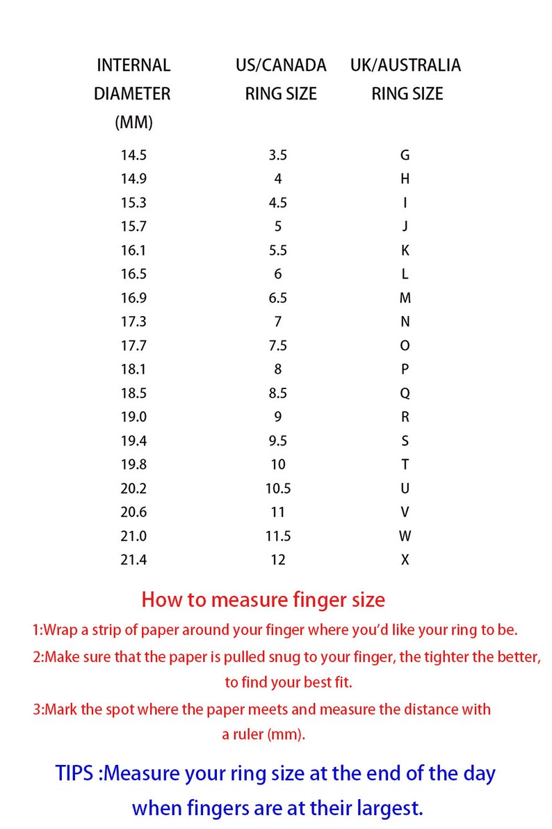 May include: A chart showing ring sizes in millimeters, US/Canada ring sizes, and UK/Australia ring sizes. The chart includes a guide on how to measure your finger size using a strip of paper.
