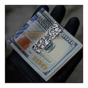 Hand Engraved Sterling Silver Money Clip,  Luxury Money Clip, Heavyweight Money Clip, Gift Idea, Father Gift, Mother Gift  MC004