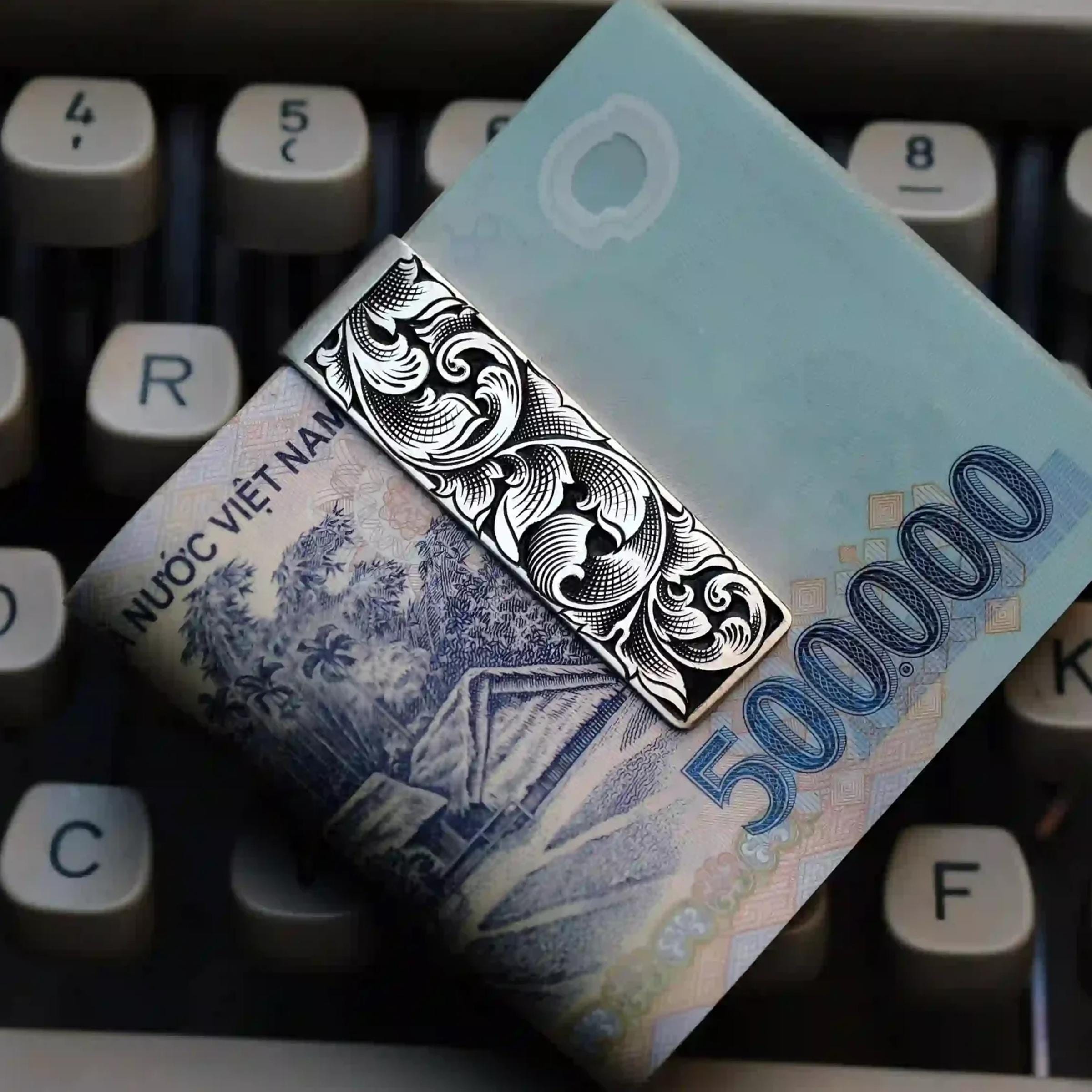 Hand Engraved Sterling Silver Money Clip, Luxury Money Clip