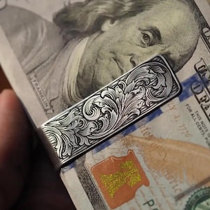Hand Engraved Sterling Silver Money Clip,  Luxury Money Clip, Heavyweight Money Clip, Gift Idea, Father Gift, Mother Gift, Boss Gift MC001