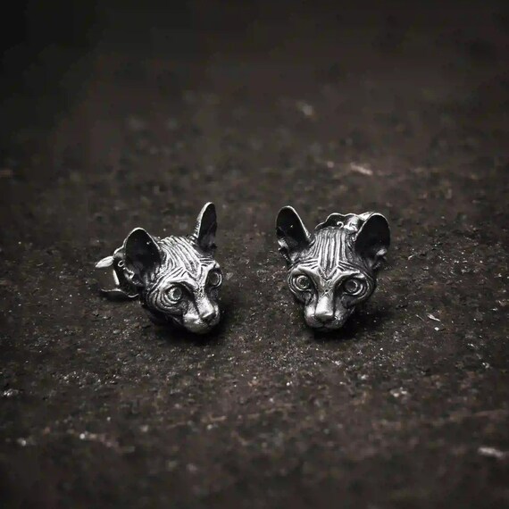 Handmade 925 Sterling Silver Sphynx Cat Stud Earrings - Unique Hairless Cat Design