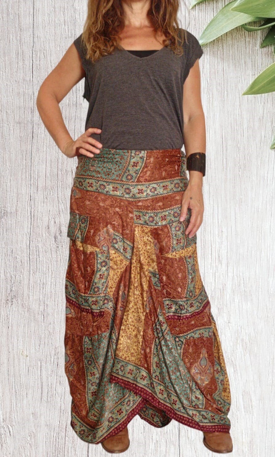 Long Saree Silk Fabric Boho Skirt, Bohemian Recycled Silk Fabric Skirt