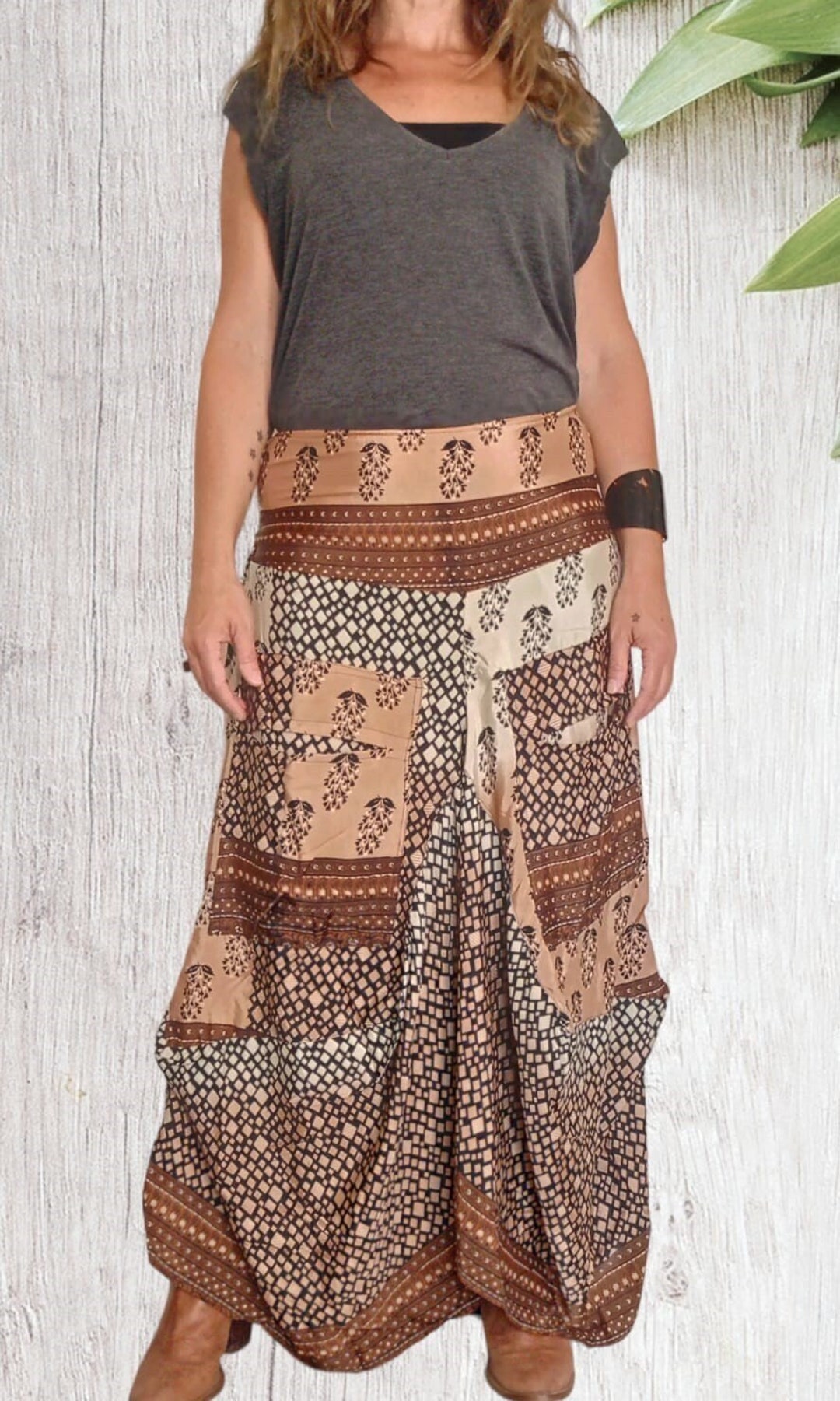 Long Saree Silk Fabric Boho Skirt, Bohemian Recycled Silk Fabric Skirt