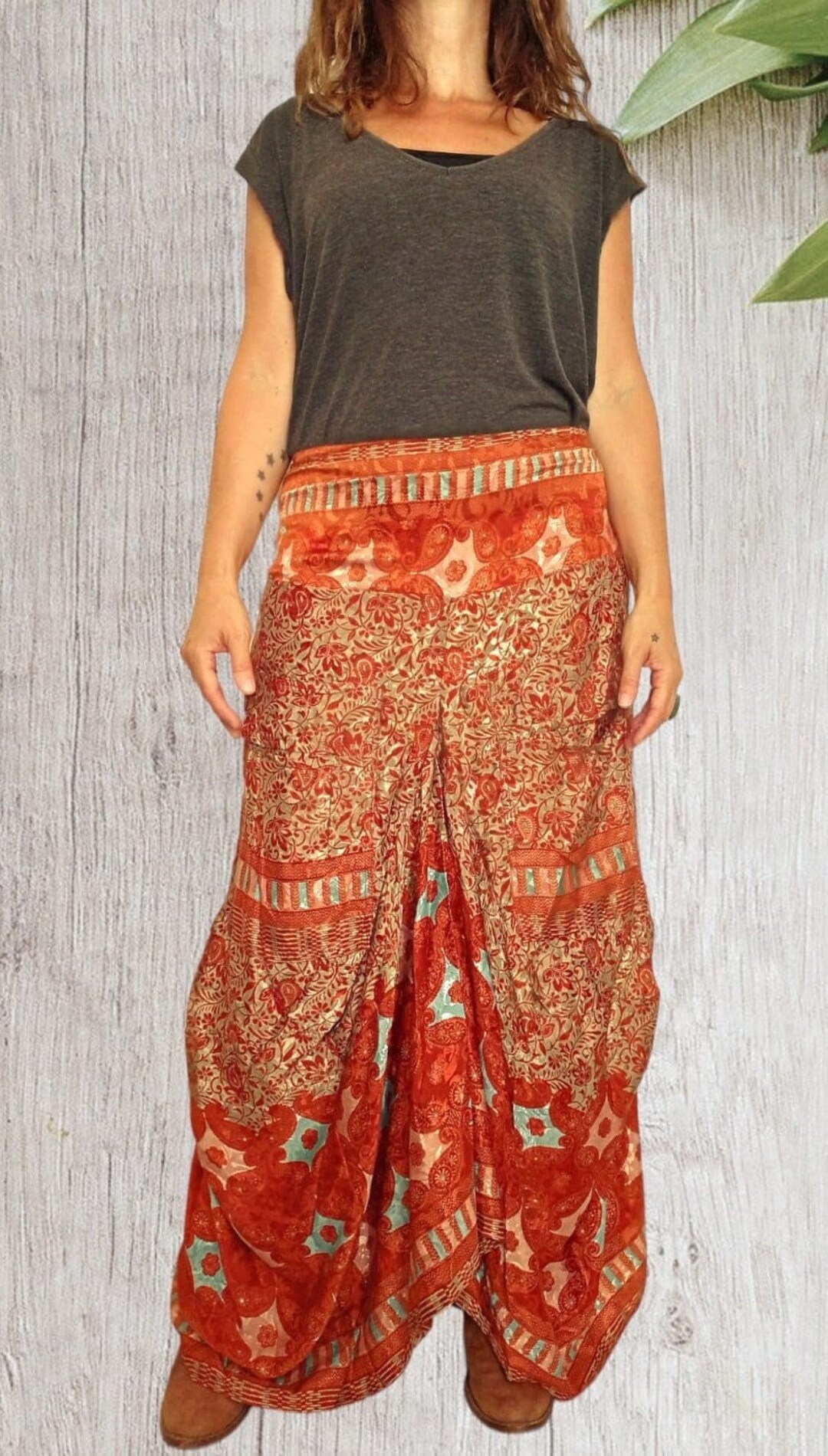 Long Saree Silk Fabric Boho Skirt, Bohemian Recycled Silk Fabric Skirt