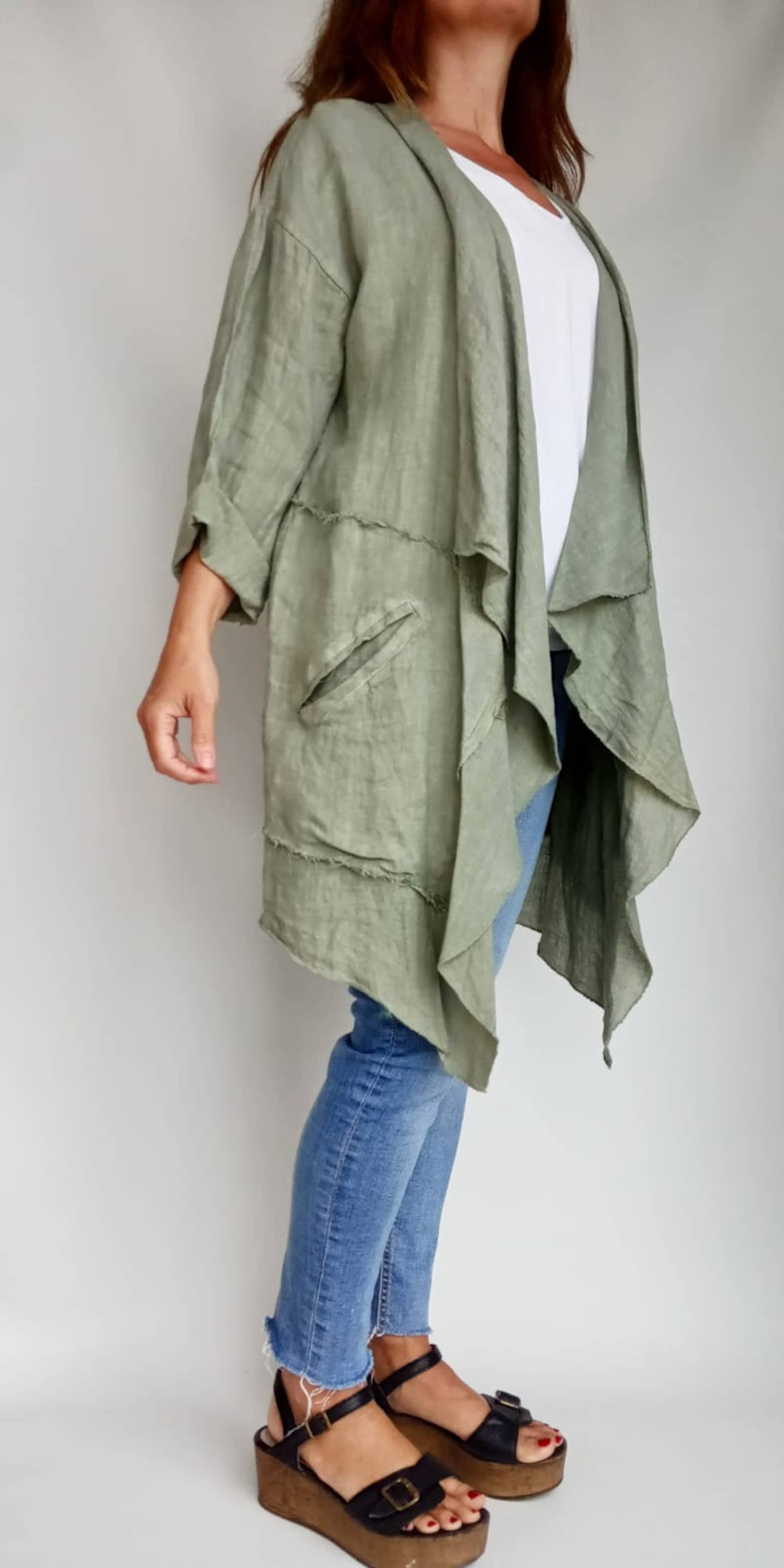 Green Asymmetrical Linen Jacket. Green Linen Cardigan. Linen Etsy