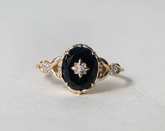 Vintage Black Onyx Engagement Ring Gold Art Deco Promise Ring Sterling Silver Unique Oval Agate Gems Statement Rings Anniversary Jewelry