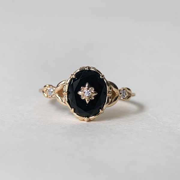Vintage Black Onyx Engagement Ring Gold Art Deco Promise Ring Sterling Silver Unique Oval Agate Gems Statement Rings Anniversary Jewelry