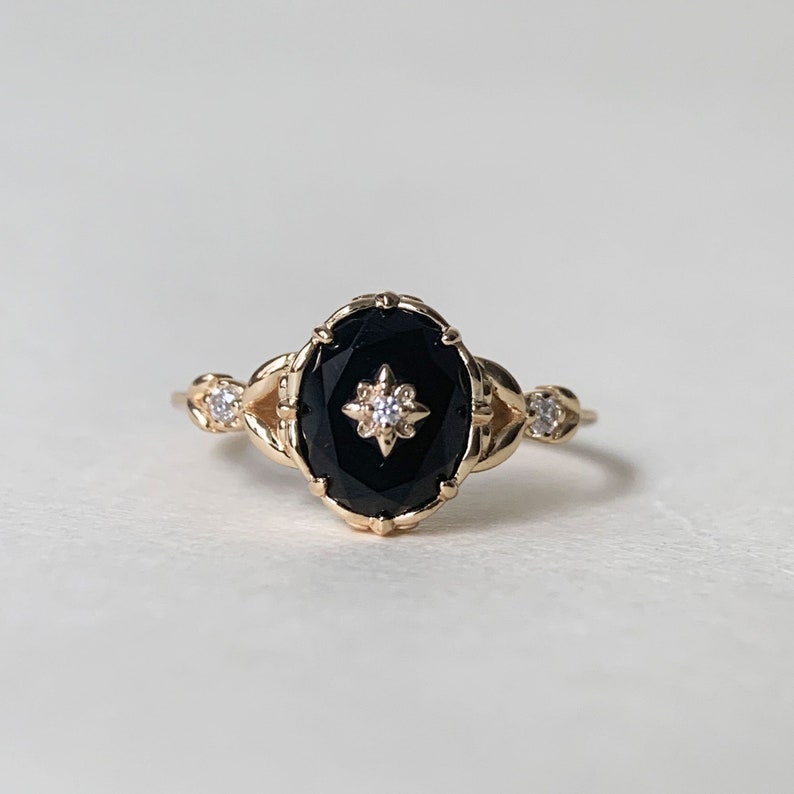 Vintage Black Onyx Engagement Ring Gold Art Deco Promise Ring Sterling Silver Unique Oval Agate Gems Statement Rings Anniversary Jewelry image 1