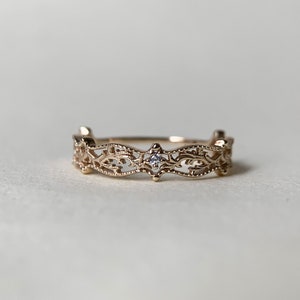 Vintage Filigree Wedding Band, Gold Unique Floral Stacking Rings, Sterling Silver Stackable Ring, CZ Promise Birthday Anniversary Gift