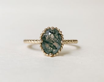 Natural Moss Agate Engagement Ring Gold Oval Solitaire Rings Unique Promise Anniversary Jewelry gift for Women