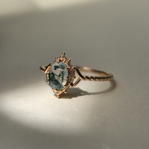 Natural Moss Agate Engagement Ring Vintage Unique 925 Sterling Silver Gold Solitaire Rings Promise Anniversary Jewelry gift for Women image 5