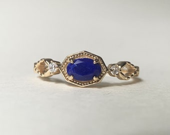 Lapis Lazuli Engagement Ring Vintage Gold Lapis Stone Ring Oval Blue Gemstone Rings for Women Anniversary Jewelry