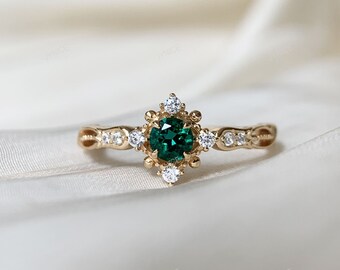 Round Emerald Engagement Ring Gold Dainty May Birthstone Rings Art Deco Sterling Silver CZ Halo Promise Wedding Anniversary Jewelry