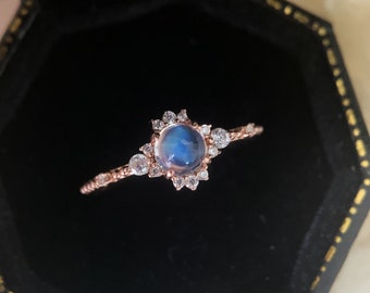 Moonstone Promise Ring Rose Gold CZ Simulated Diamond Vintage Engagement Wedding Rings Unique Dainty Bridal Anniversary Gift