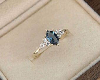 London Blue Topaz Engagement Ring Long Hexagon November Birthstone Ring Gold Plated Art Deco CZ Promise Wedding Anniversary Gift for Women