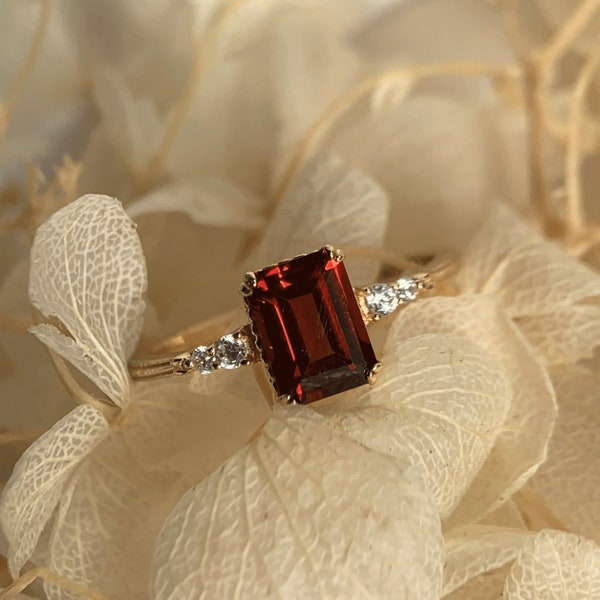 Red Garnet Engagement Ring Emerald Cut 5x7mm Sterling Silver Rings Natural January Birthstone Gold Vermeil Promise Anniversary Jewelry