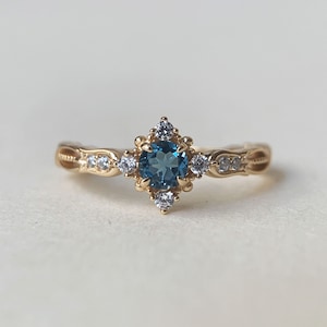 London Blue Topaz Ring Vintage Gold Plated Floral Promise Rings Art Deco November Birthstone Ring CZ Promise Anniversary Gift for Women image 1