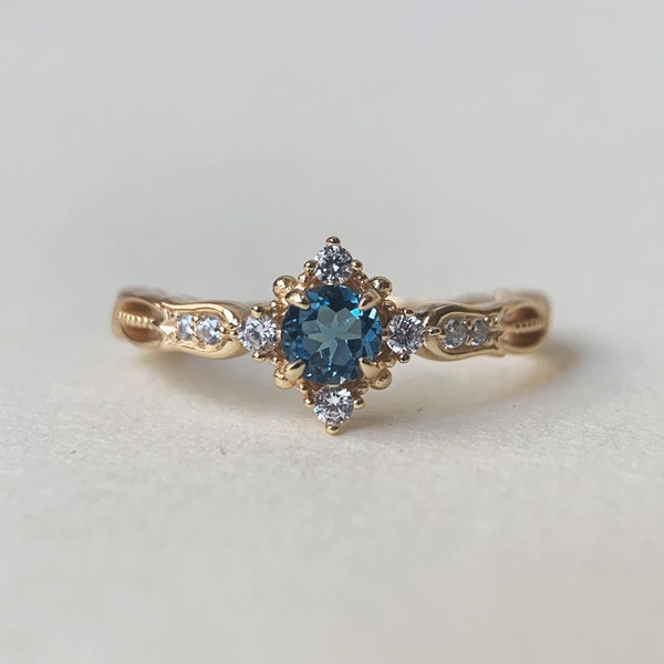 Londoner Blautopas-Ring, Vintage-vergoldete Blumen-Verlobungsringe, Art-Deco-Ring mit November-Geburtsstein, CZ-Versprechen, Jubiläumsgeschenk für Frauen