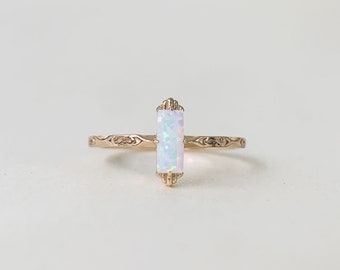 Vintage Opal Engagement Ring, Baguette White Opal Ring, Solitaire Fire Opal Ring, Dainty Opal ring, October Birthstone Rings for women